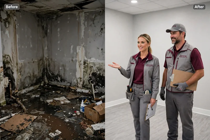 Basement water damage before and after restoration