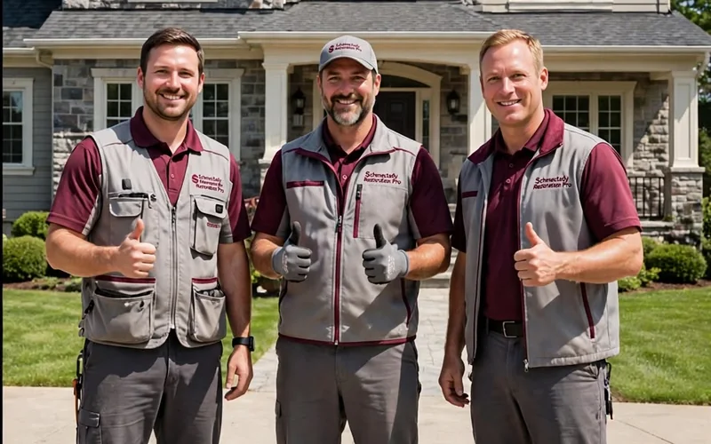 Restoration technicians giving thumbs up outside a home