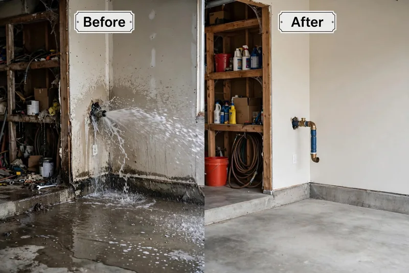 Burst pipe water damage before and after repair