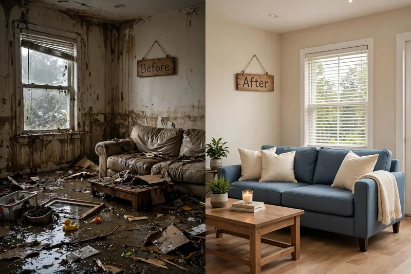 Flood damaged living room before and after cleanup