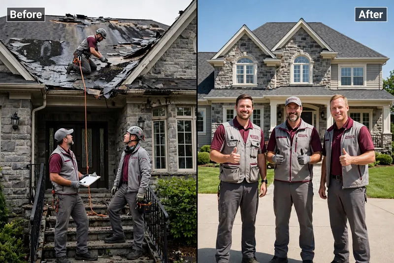 Roof leak damage before and after restoration